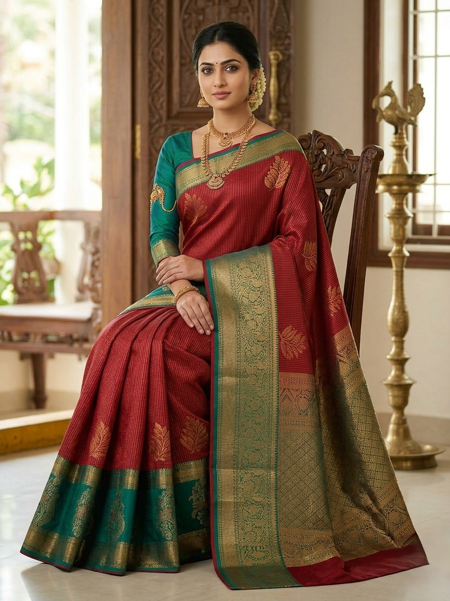 imperial crimson & emerald handloom dharmavaram semi silk saree with gap border and floral zari work