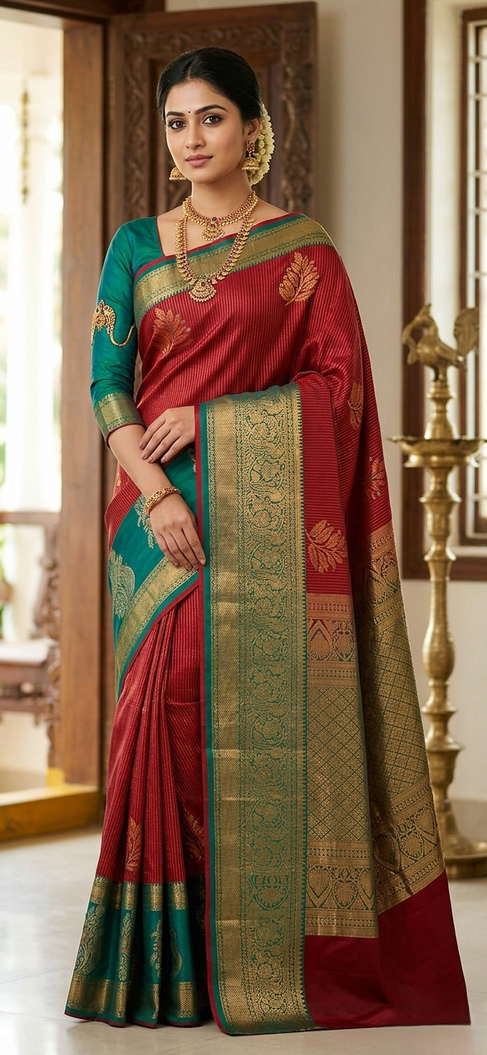imperial crimson & emerald handloom dharmavaram semi silk saree with gap border and floral zari work