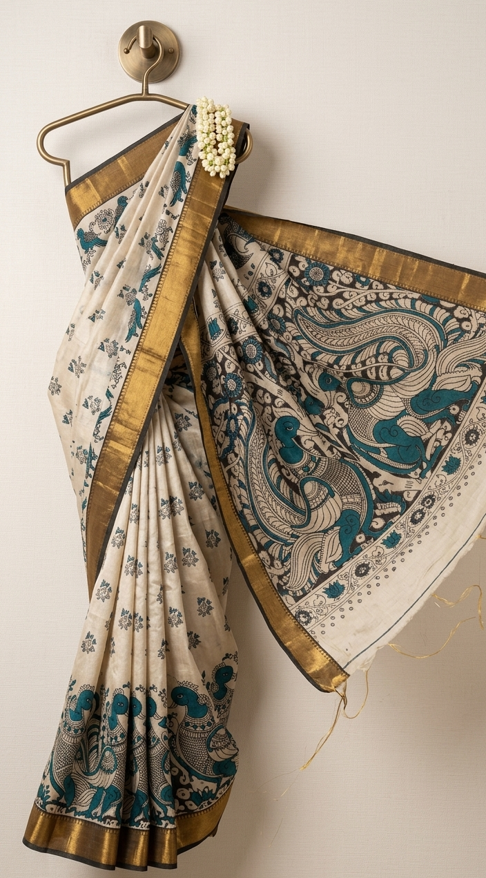 ivory cream tussar silk saree with teal kalamkari peacock motifs and golden zari border