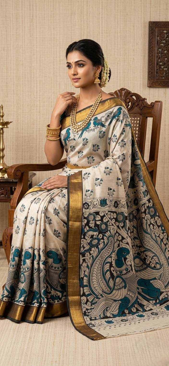 ivory cream tussar silk saree with teal kalamkari peacock motifs and golden zari border