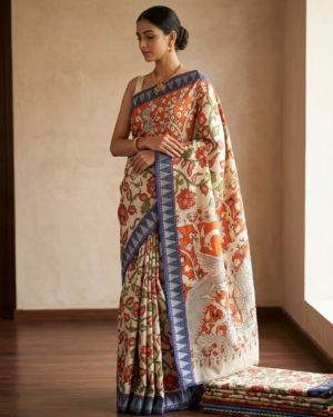 Temple Border Hand-Printed Kalamkari Saree