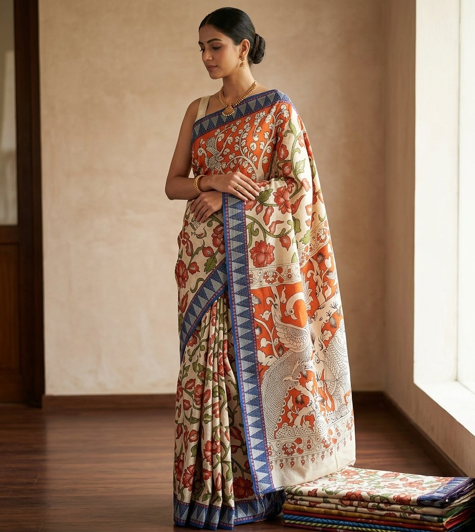 Temple Border Hand-Printed Kalamkari Saree