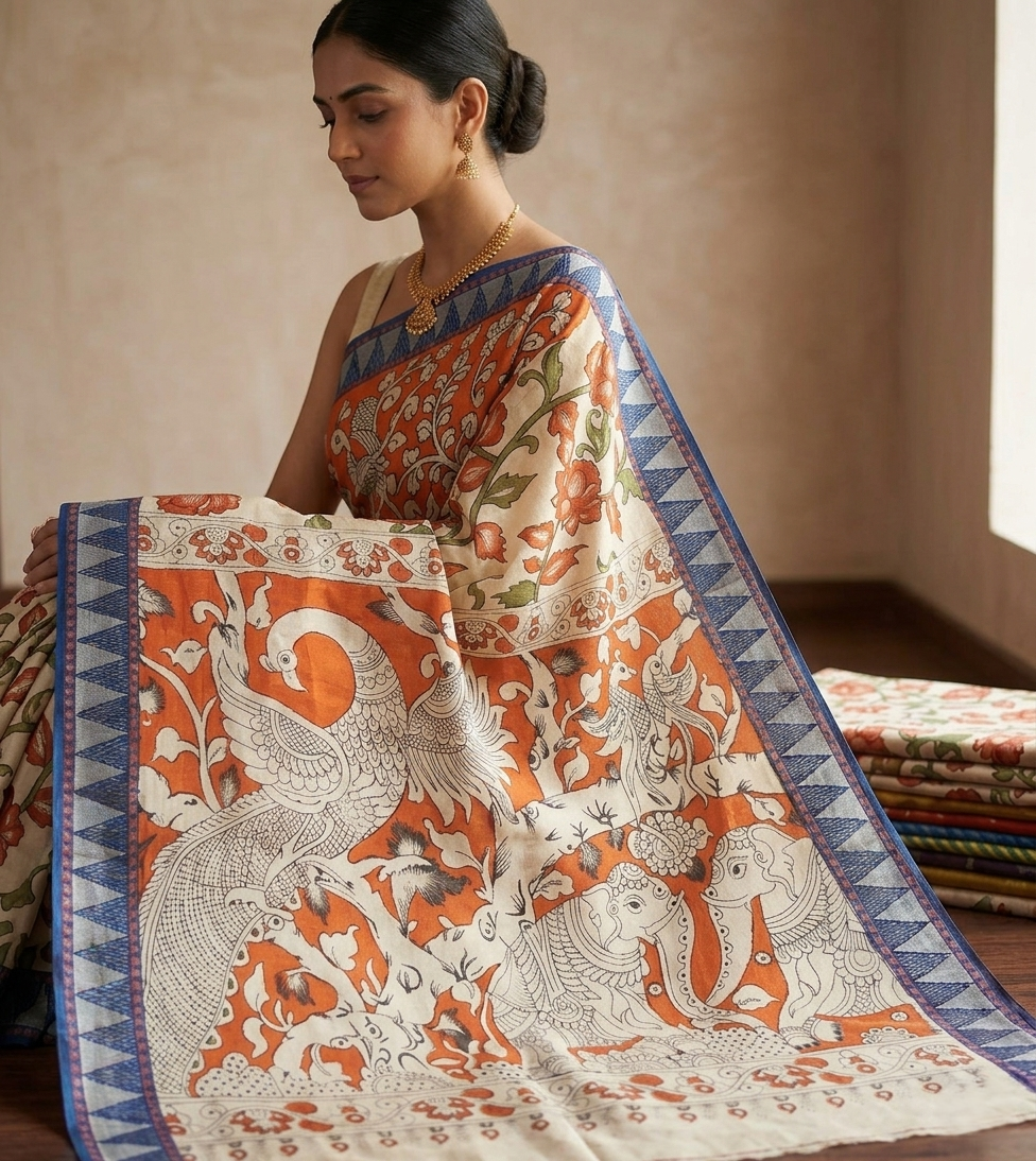 ivory & rust orange with indigo blue temple borderhand painted pen kalamkari saree