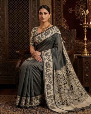 hand painted kalamkari cotton saree in charcoal & cream