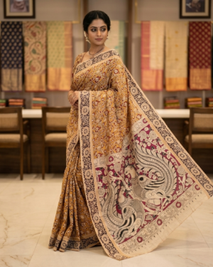 kalamkari mustard yellow saree mythological storytelling & peacock pallu