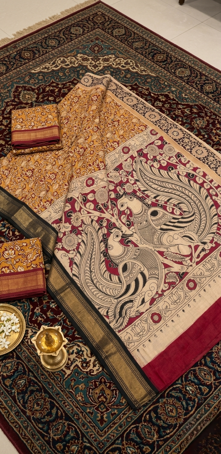 kalamkari mustard yellow saree mythological storytelling & peacock pallu