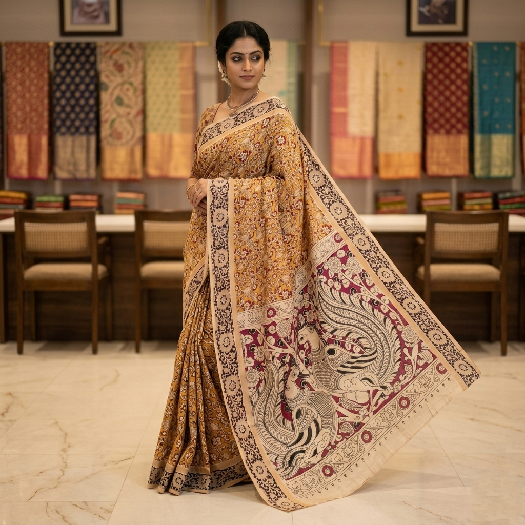 kalamkari mustard yellow saree mythological storytelling & peacock pallu