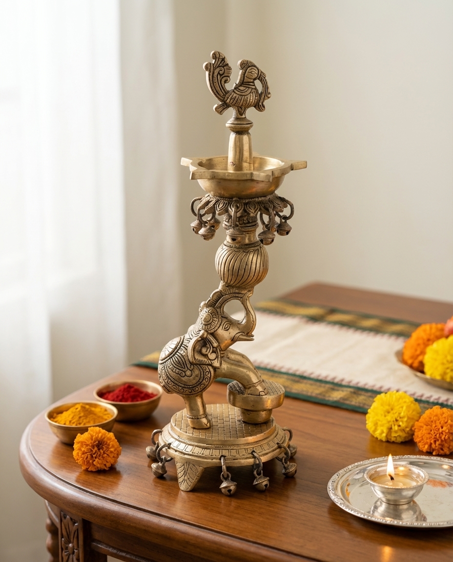 majestic brass elephant diya set