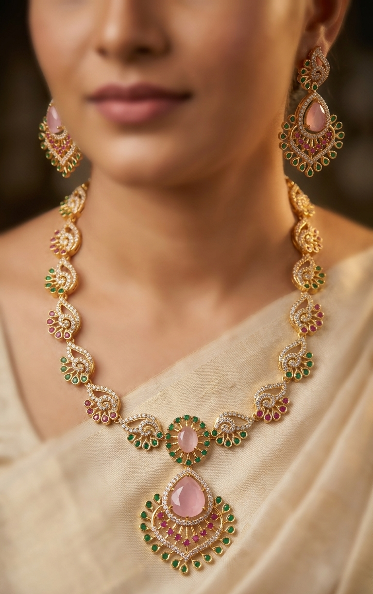majestic peacock motif gold plated necklace set with rose quartz and emerald green stones