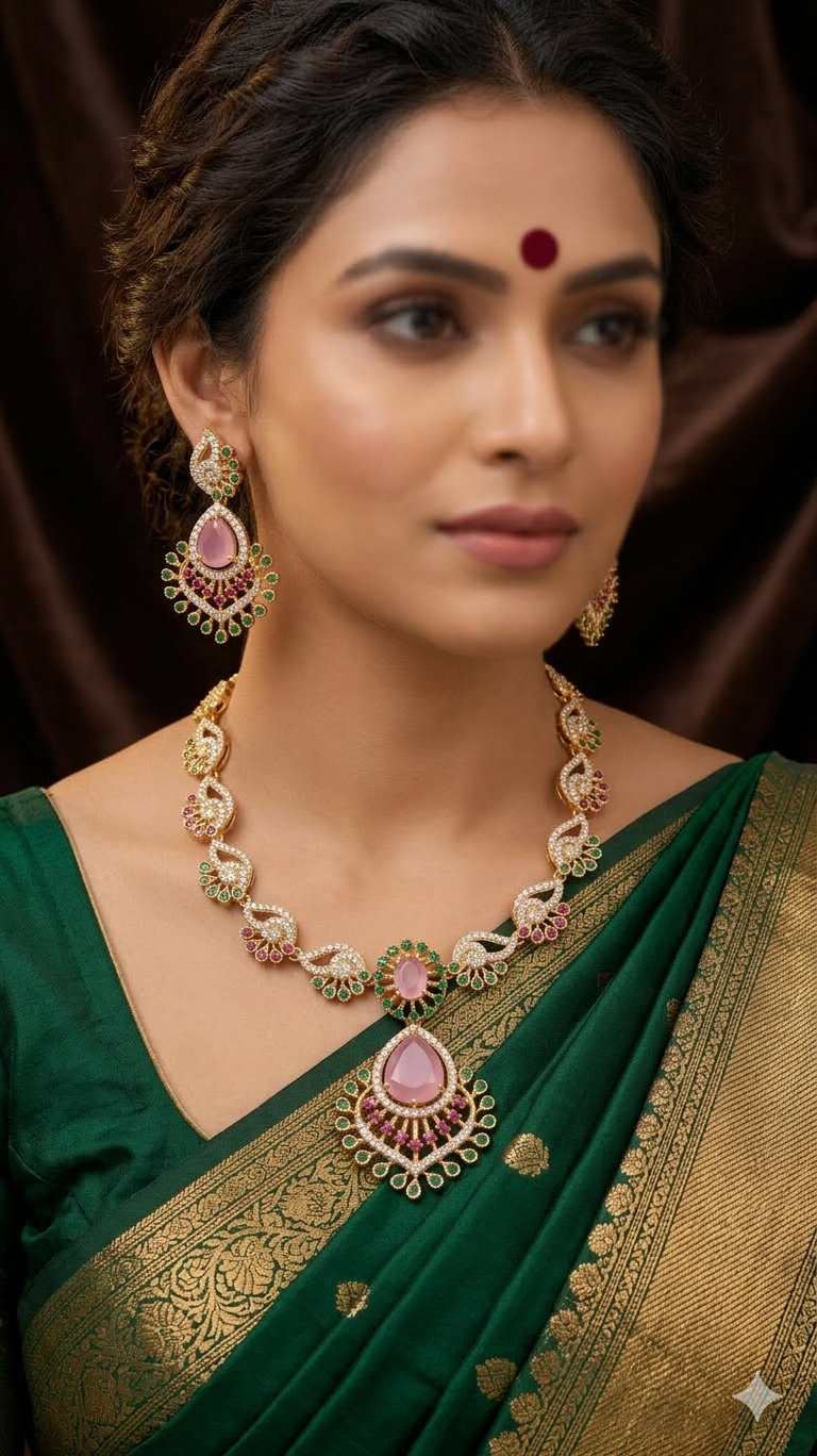 majestic peacock motif gold plated necklace set with rose quartz and emerald green stones