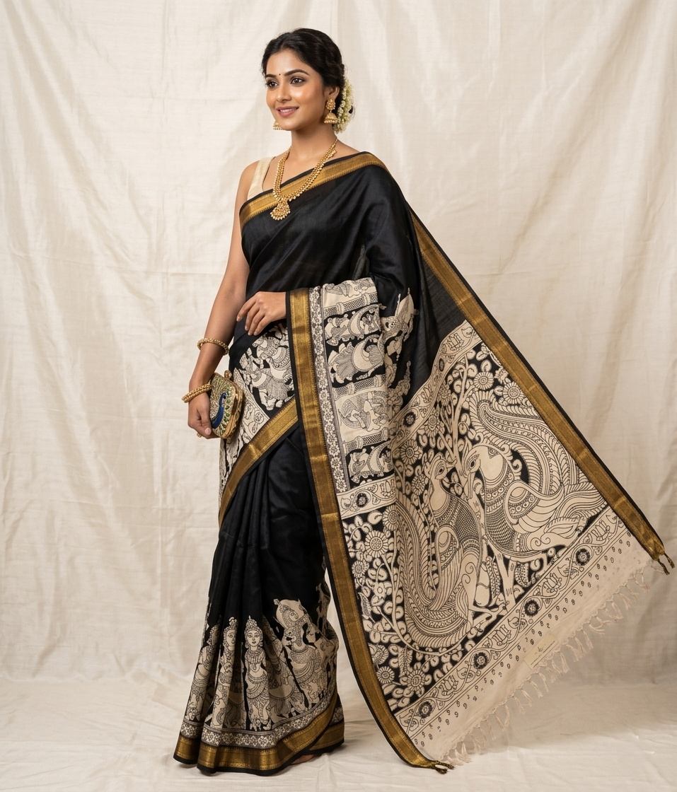 midnight black pure tussar silk saree with hand painted kalamkari art and golden zari border