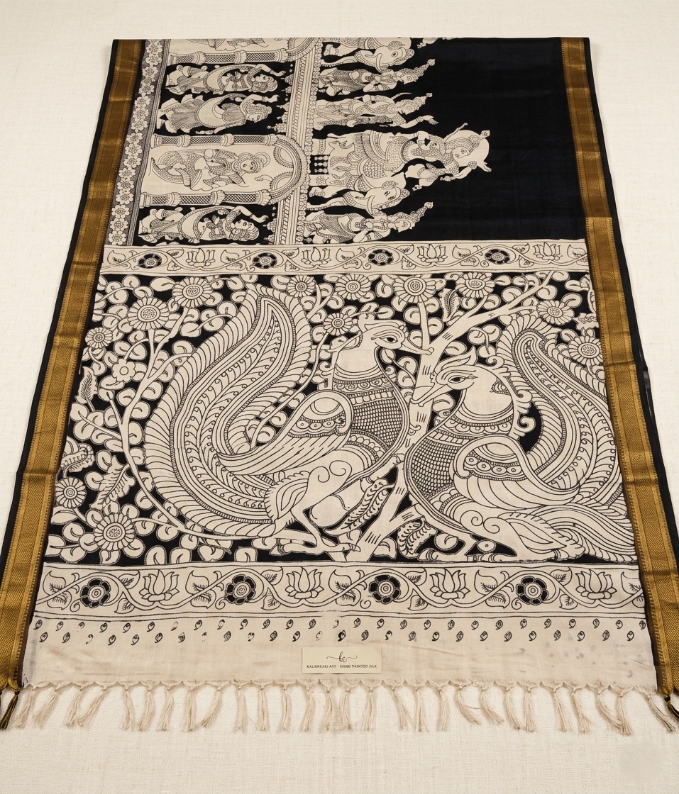 midnight black pure tussar silk saree with hand painted kalamkari art and golden zari border