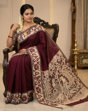 deep maroon with mythological peacock pallukalamkari saree