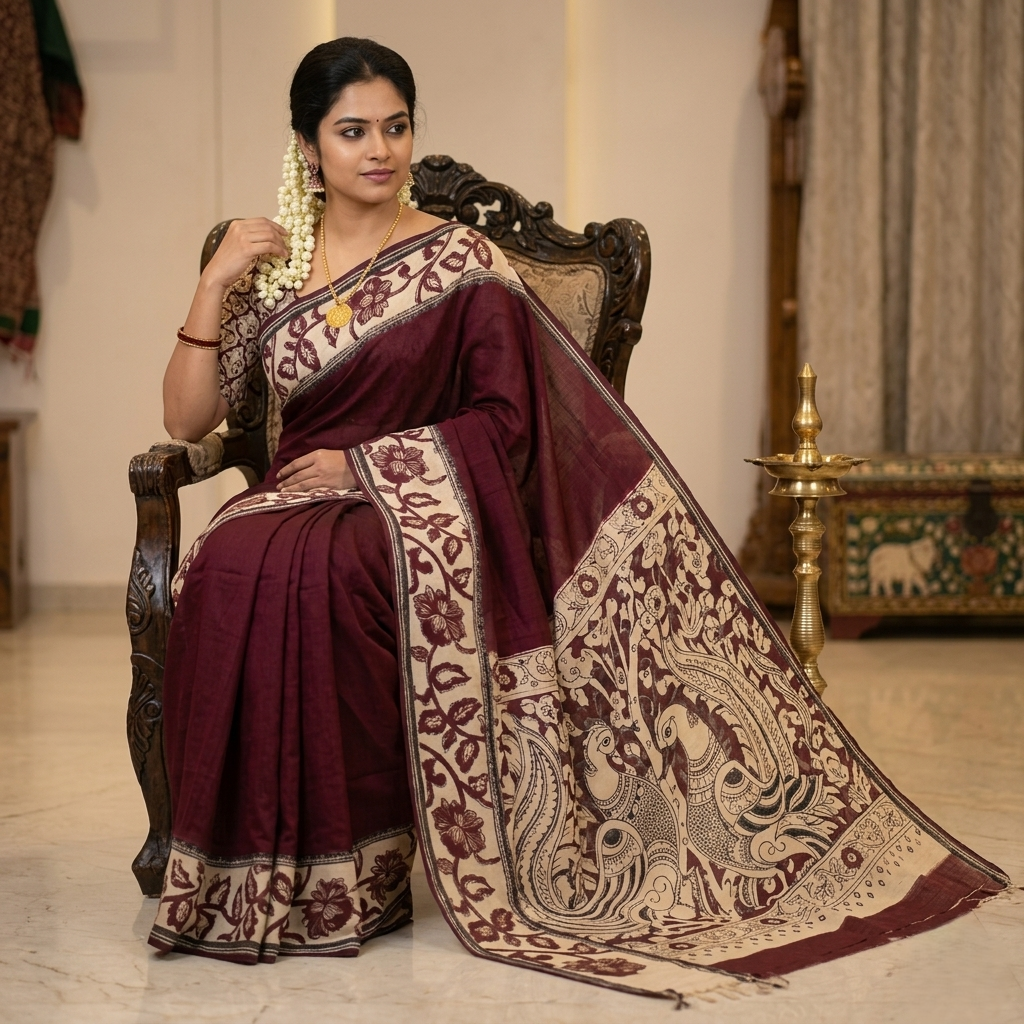 deep maroon with mythological peacock pallukalamkari saree