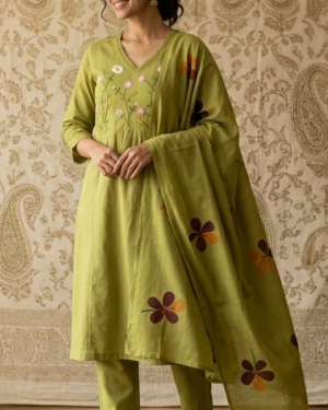 olive green floral embroidered 3 piece suit set
