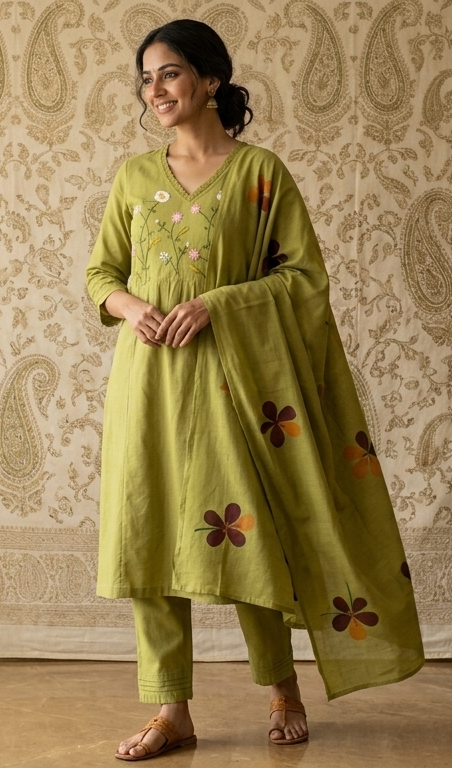olive green floral embroidered 3 piece suit set