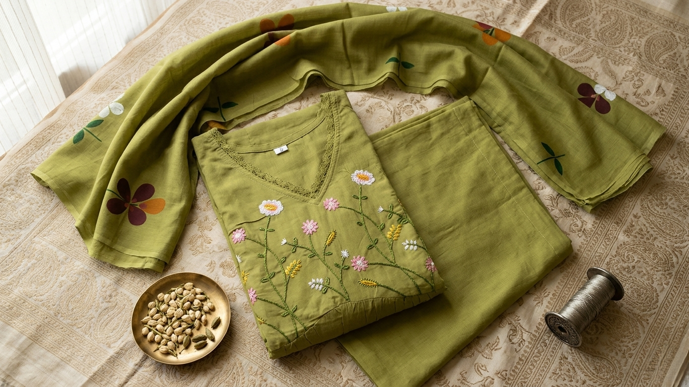 olive green floral embroidered 3 piece suit set