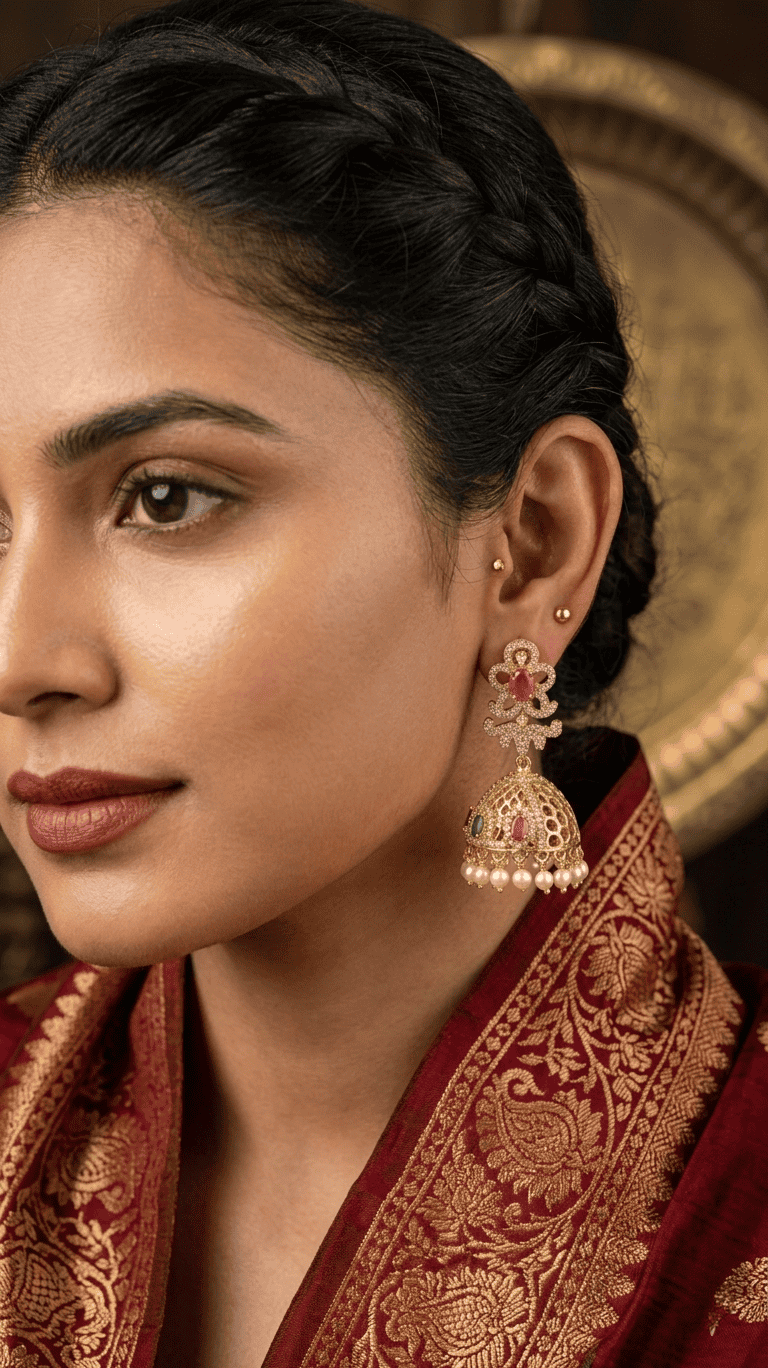 ornate golden jhumkas with ruby emerald accents and delicate pearl fringes
