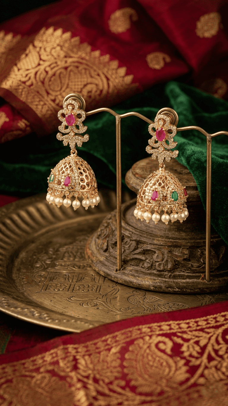 ornate golden jhumkas with ruby emerald accents and delicate pearl fringes