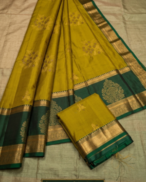 regal mustard gold & deep emerald dharmavaram semi silk saree with floral kalash motifs