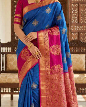 royal blue & magenta silk saree with paisley border and floral gold motifs