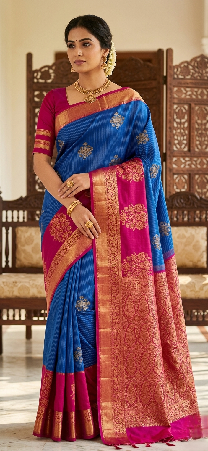 royal blue & magenta silk saree with paisley border and floral gold motifs