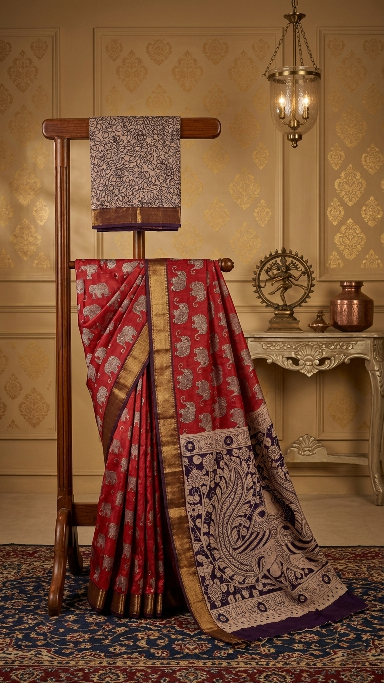 royal crimson red kanchipuram silk saree with antique gold zari and elephant butta