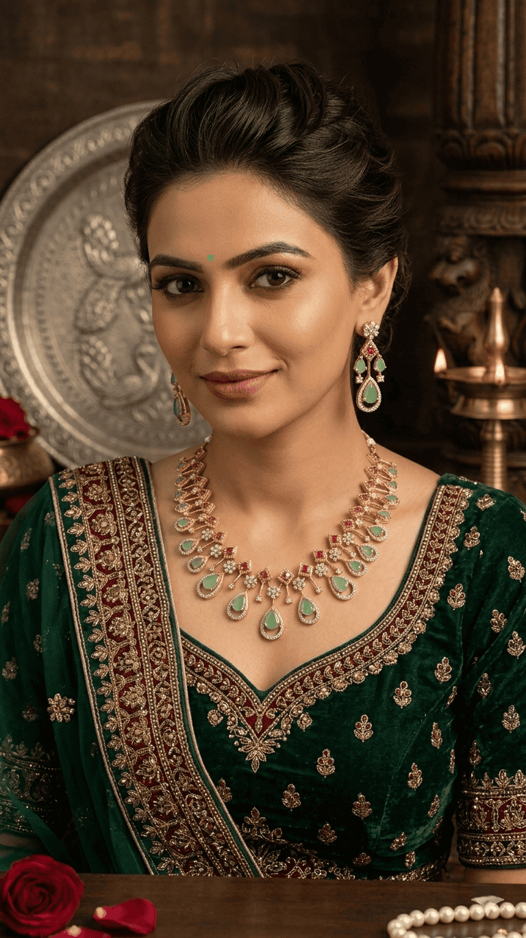 royal mint green teardrop guttapusalu style necklace with ruby accents and tiered earrings