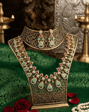 royal mint green teardrop guttapusalu style necklace with ruby accents and tiered earrings