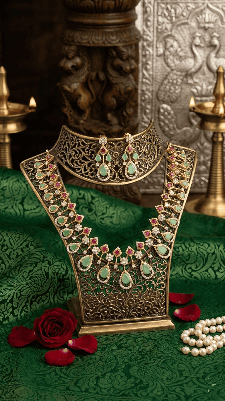 royal mint green teardrop guttapusalu style necklace with ruby accents and tiered earrings