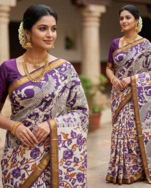 royal purple & ivory tussar silk saree with hand drawn kalamkari animal motifs
