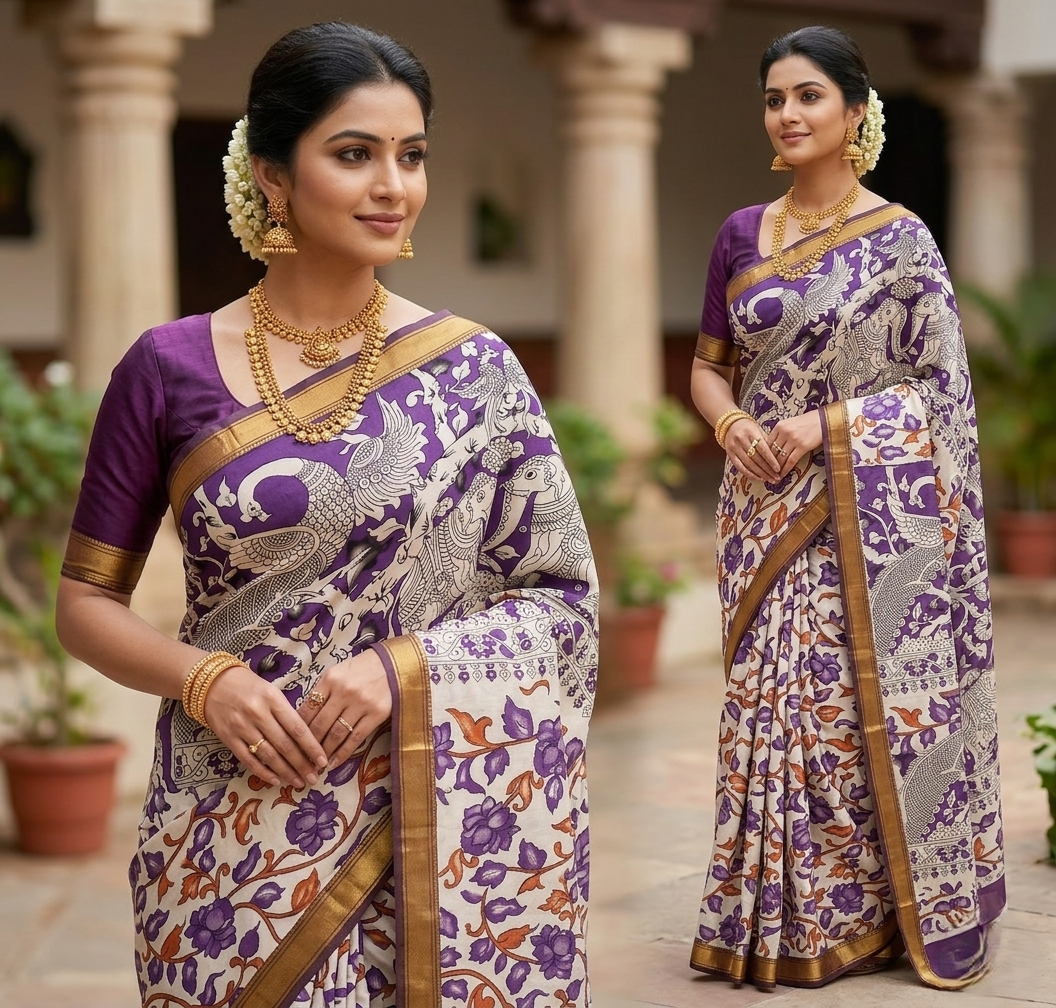 royal purple & ivory tussar silk saree with hand drawn kalamkari animal motifs