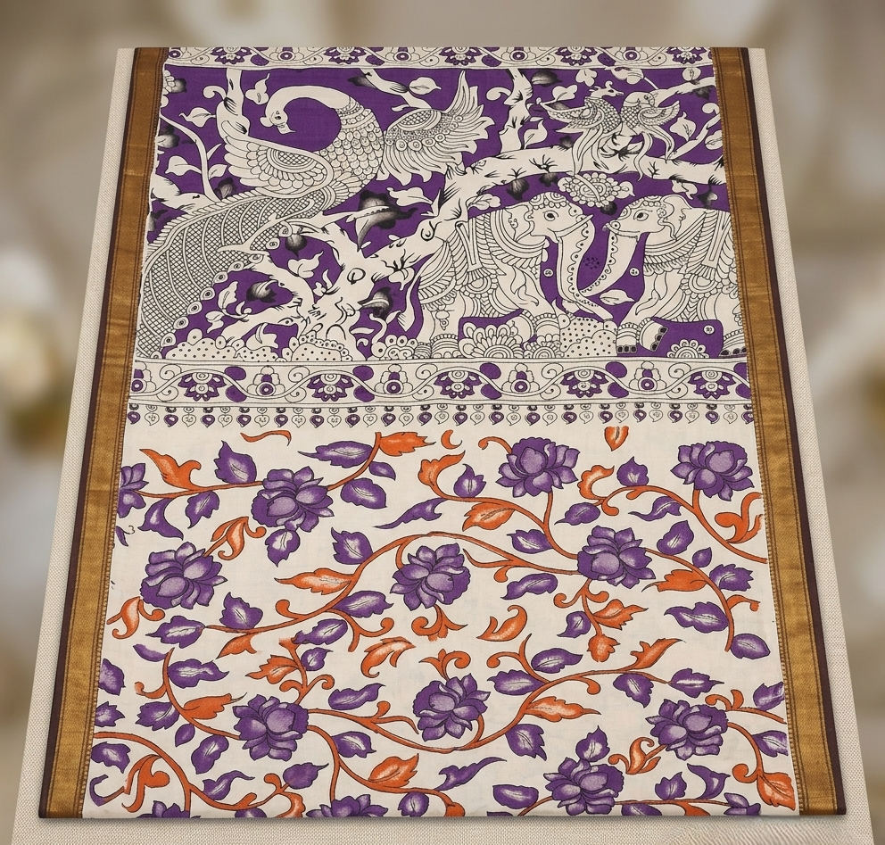 royal purple & ivory tussar silk saree with hand drawn kalamkari animal motifs