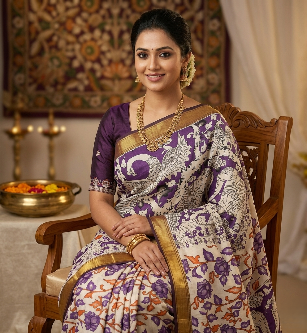 royal purple & ivory tussar silk saree with hand drawn kalamkari animal motifs