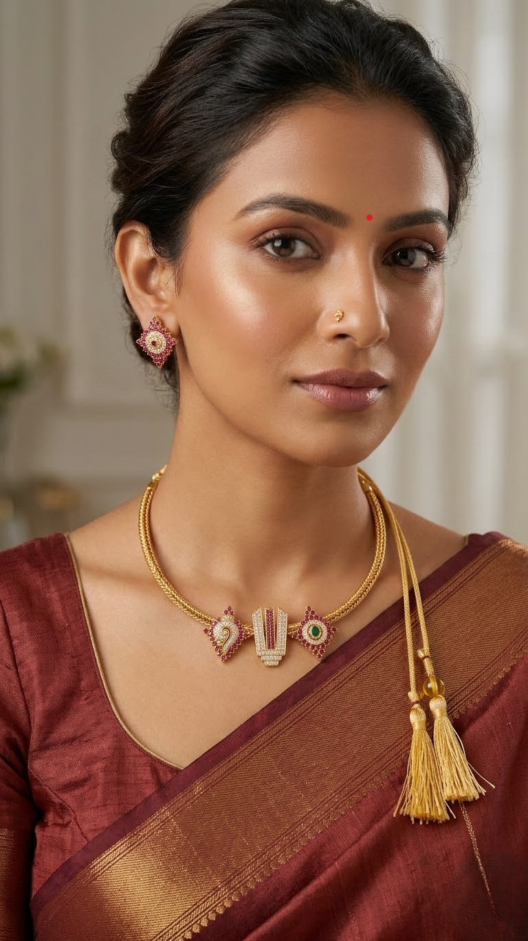 sacred shankh chakra namam gold plated necklace set with ruby and emerald accents