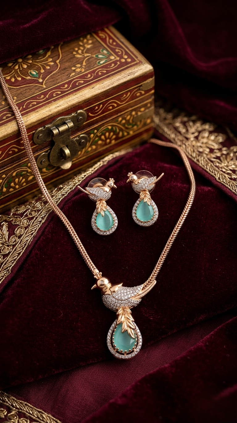 This Elegant Pendant Set with Intricate Bird Motif is designed to suit multiple occasions. Pair it with sarees, kurtis, gowns, or even casual outfits for a chic look. Whether it’s a festive celebration, a formal event, or a casual outing, this set adapts effortlessly to your style.