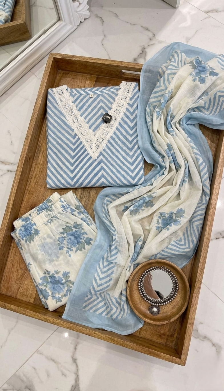 sky blue chevron & floral 3 piece suit set