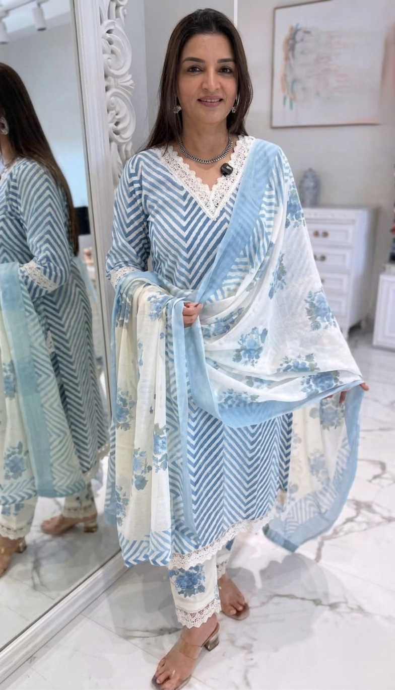 sky blue chevron & floral 3 piece suit set