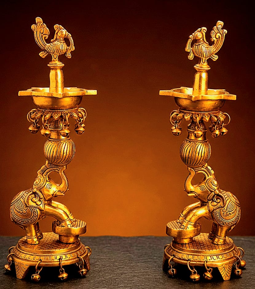 majestic brass elephant diya set
