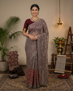 Floral Sequin Threadwork and Maroon Kalamkari Pleats