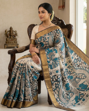 Teal Kalamkari Peacock Chandheri Silk Saree