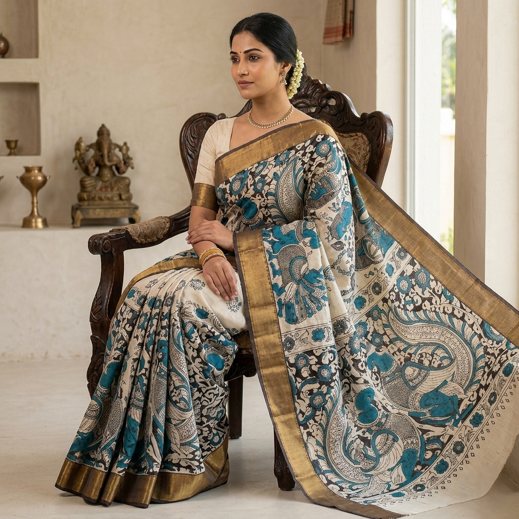 Teal Kalamkari Peacock Chandheri Silk Saree