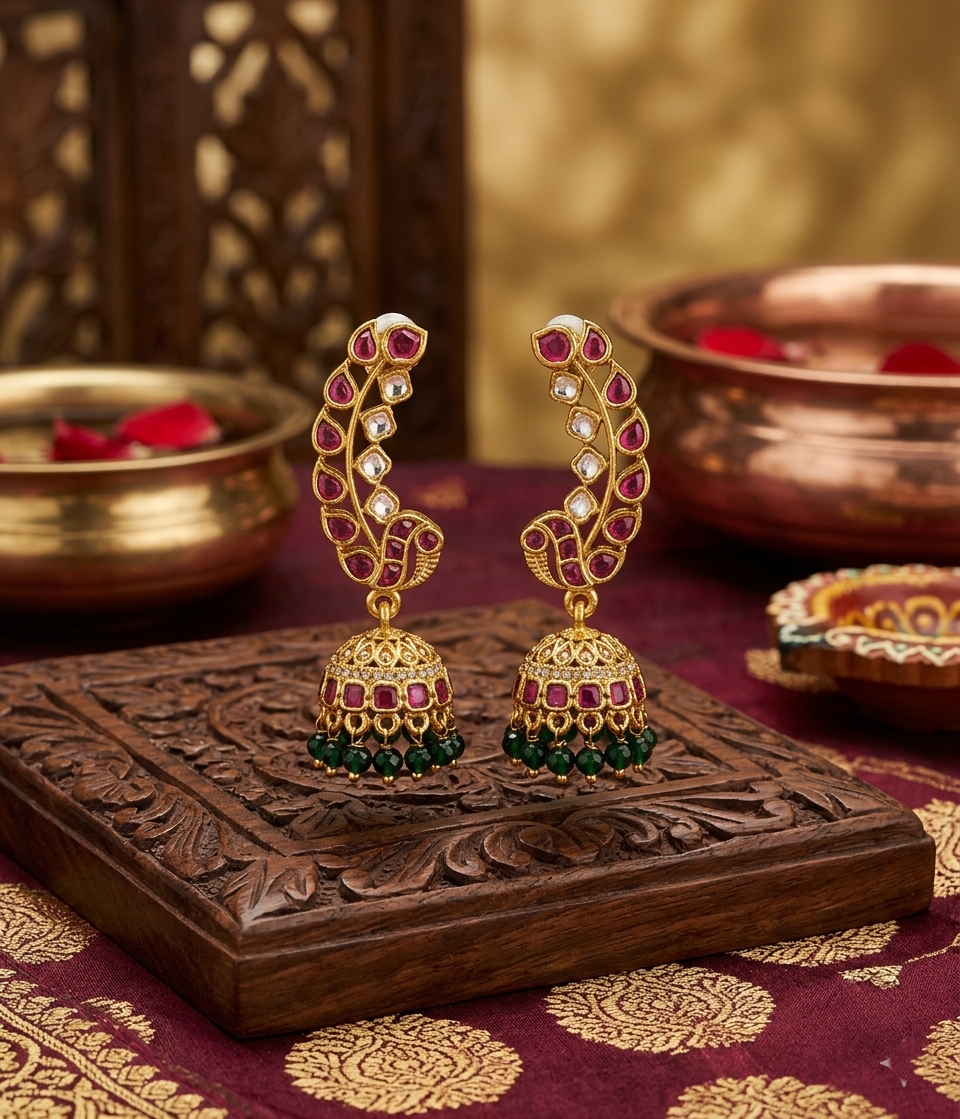 Peacock Motif Ear-Cuff Jhumkas