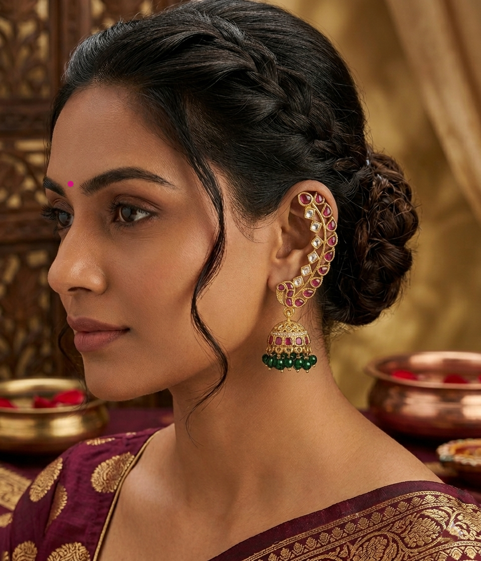traditional peacock motif ear climber jhumkas with emerald bead drops