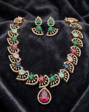 Vibrant Multi-Color Navratna-Style Necklace Set with Pear-Cut Drop