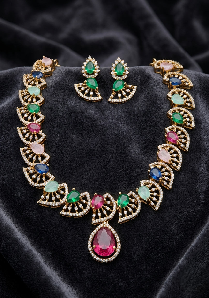Vibrant Multi-Color Navratna-Style Necklace Set with Pear-Cut Drop