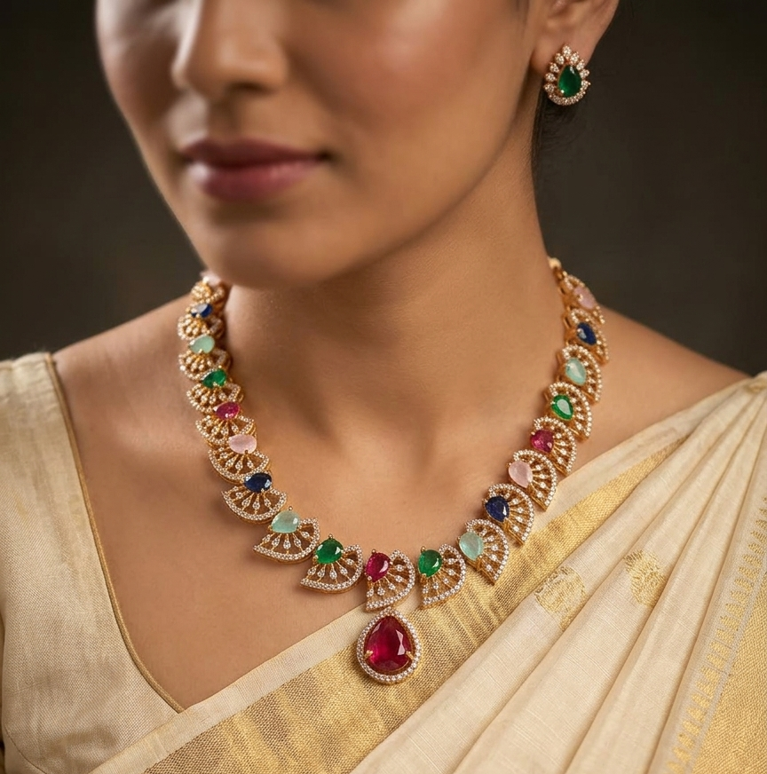 vibrant multi color navratna style fan motif necklace set with pear cut drop