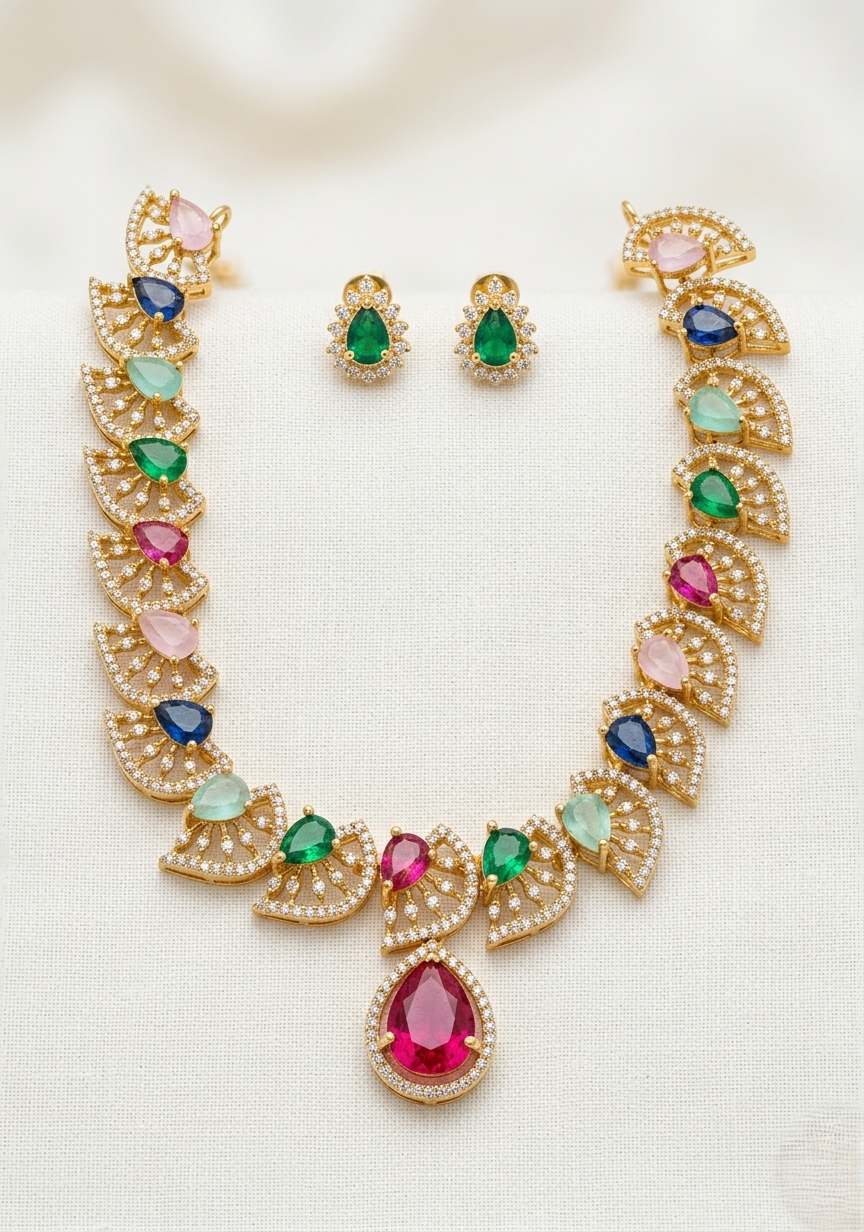 vibrant multi color navratna style fan motif necklace set with pear cut drop