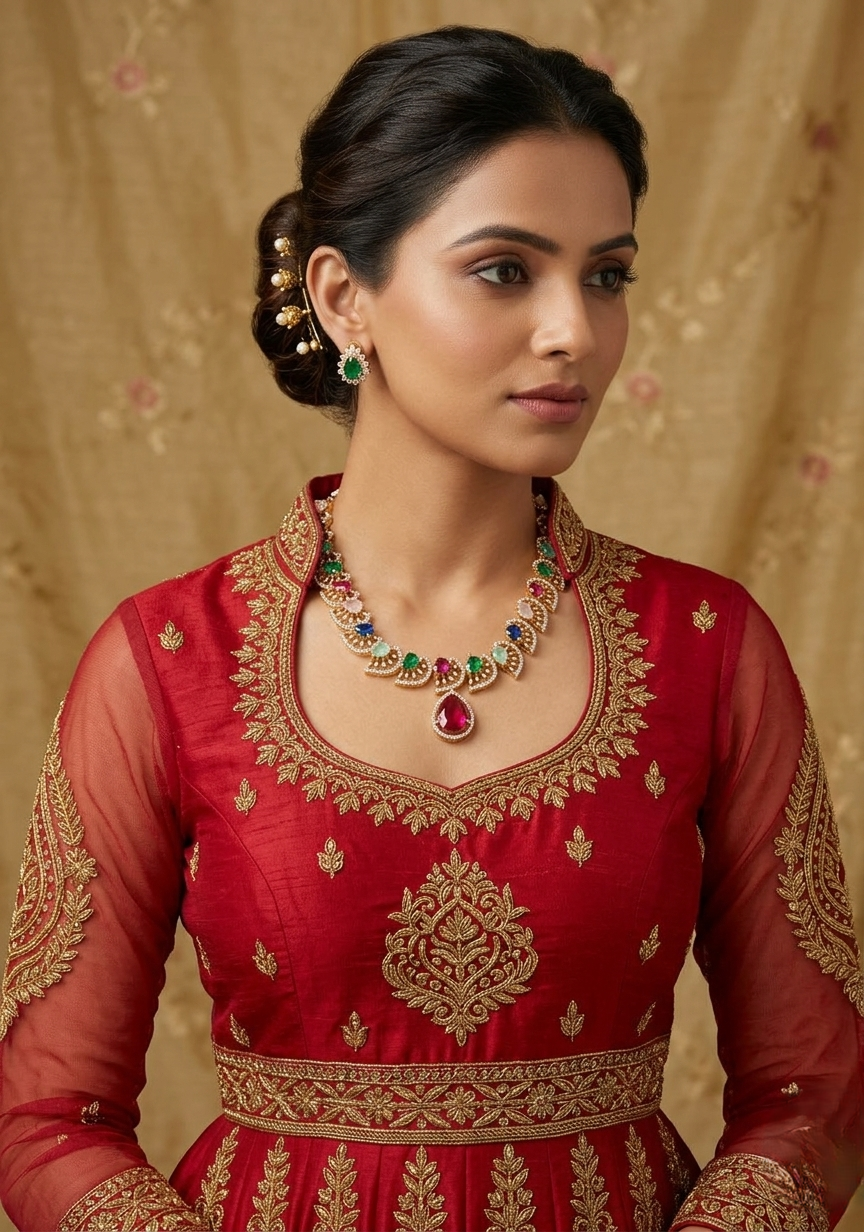 vibrant multi color navratna style fan motif necklace set with pear cut drop
