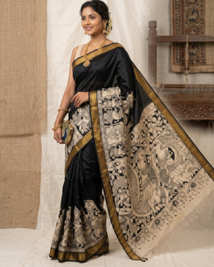 midnight black pure chanderi silk saree with historical kalamkari art and golden zari border